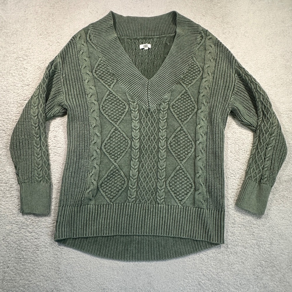 Aerie Sweater Womens M Green Cable Knit V-Neck Pullover Cotton Cozy Like New EUC